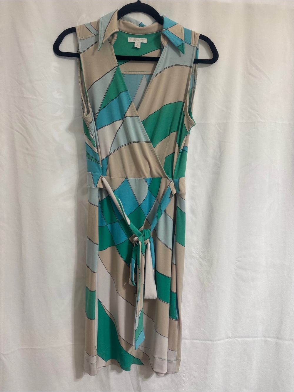 New York & Company Green, Teal & Beige Sleeveless Wrap Dress